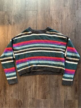 Striped Cropped Crewneck Sweater in Teal, Pink & Blue